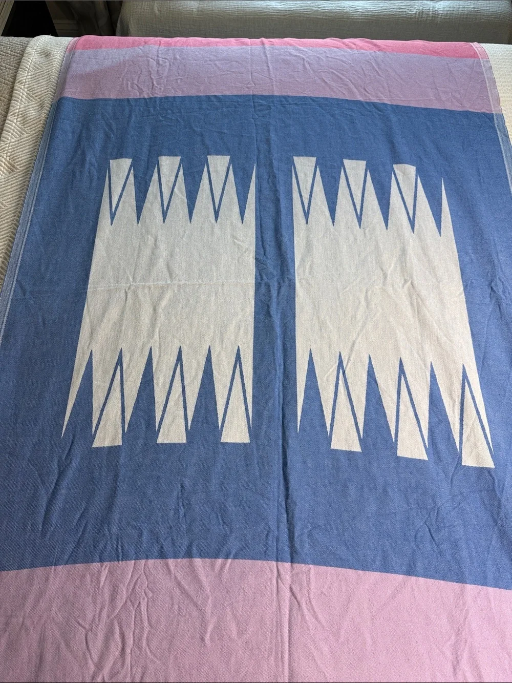 Fun colorful cotton tablecloth with corded fringe blue, white, pink, and yellow